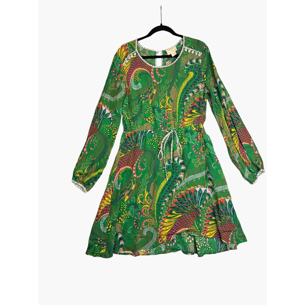Maeve Anthropologie Green Paisley Peacock Feather Mini Dress Long Sleeve Size 12